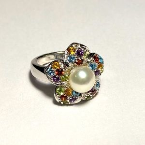 Sterling Silver Pearl Multi-Gemstone Flower Cocktail Ring